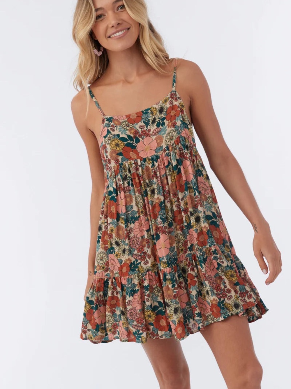 O'Neill| Boho Floral Tiered Loose Mini Dress in Rust, Pink & Teal Sz M
